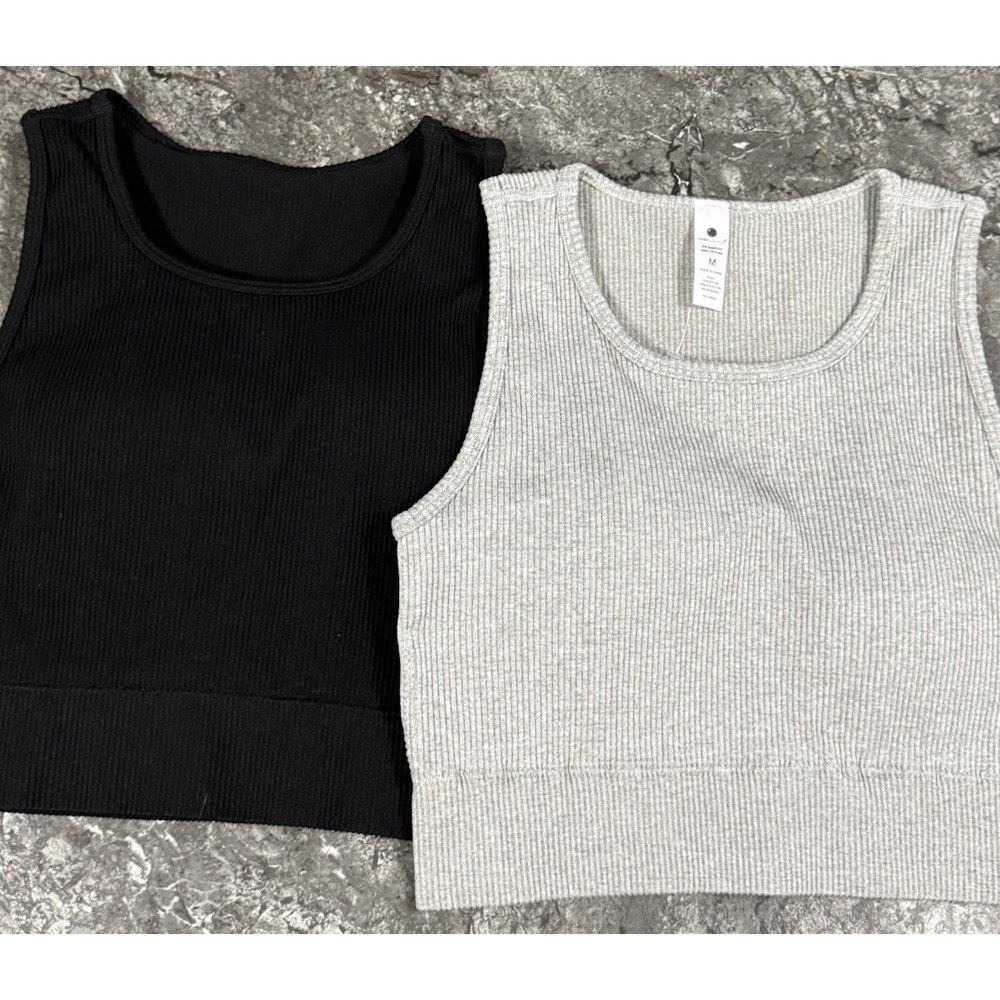 Yogalicious Womens Rib Seamless Erin Crop Bra Gray Black Sz M  2pc